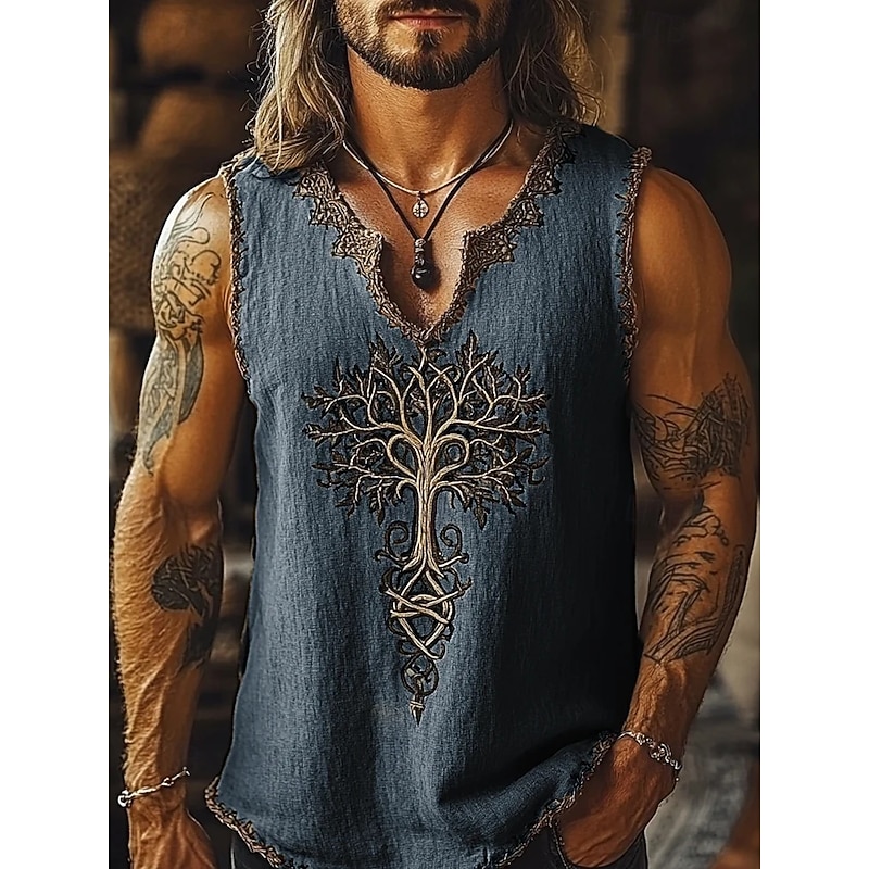 Men's Tank Top Vest Top Undershirt Graphic Tee Sleeveless V Neck Summer Trees Vintage Designer Basic Print Vacation Street Going out Blue Green Khaki Top Tee for Men3