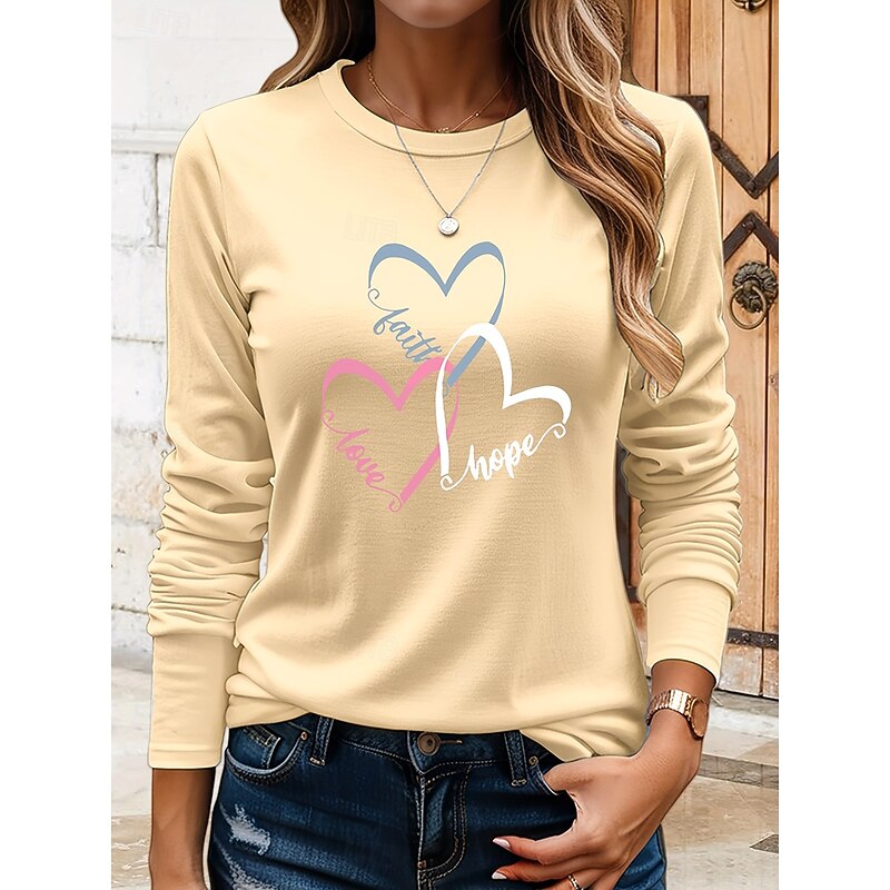 Women's T Shirt Heart Graphic Vintage Stylish Classic Long Sleeve Crew Neck Round Neck Regular Tops Daily Print Black Blue Khaki Rose Pink Summer Spring Fall3