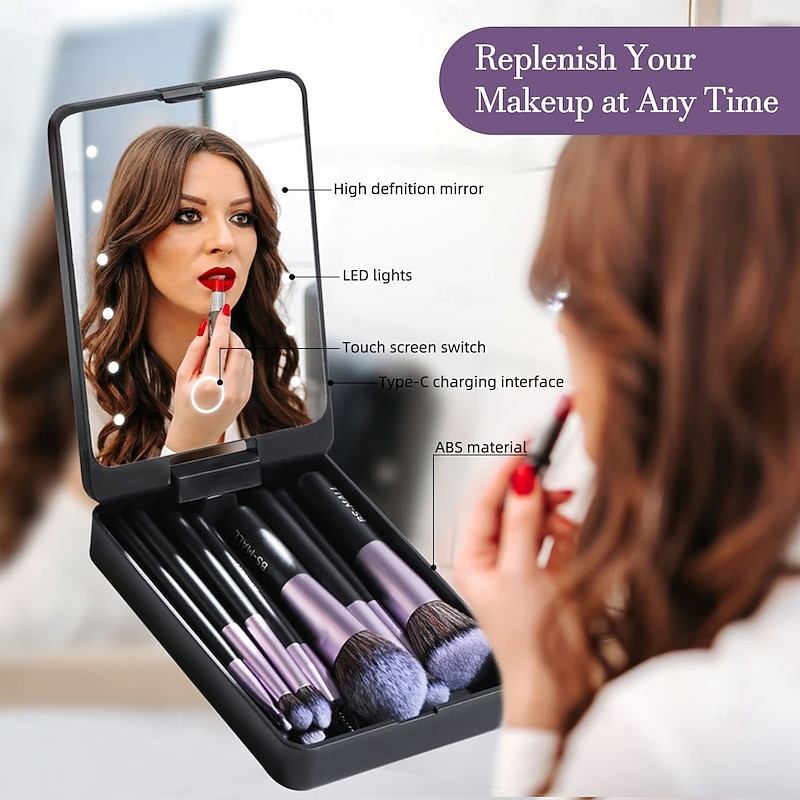 Travel Makeup Brush Set With LED Light Portable Cosmetic Mirror Compact Folding Vanity Mirror With Lighting Handheld Desktop Makeup Tools For Women Girls3