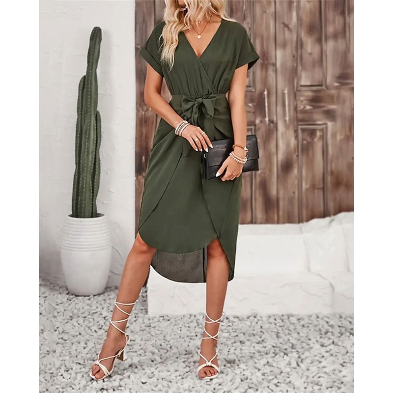 Women's Midi Dress Sheath Dress Modern Outdoor Vacation Holiday Regular Fit Plain Short Sleeve V Neck Army Green Dark Green Fall2