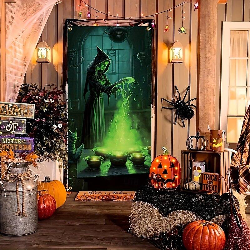 Halloween Door Cover – Wicked Green Witch Brewing Potion, Haunted House Entrance Banner, Scary Outdoor 2025 Halloween Decoration for Bedroom, Living Room, Bathroom