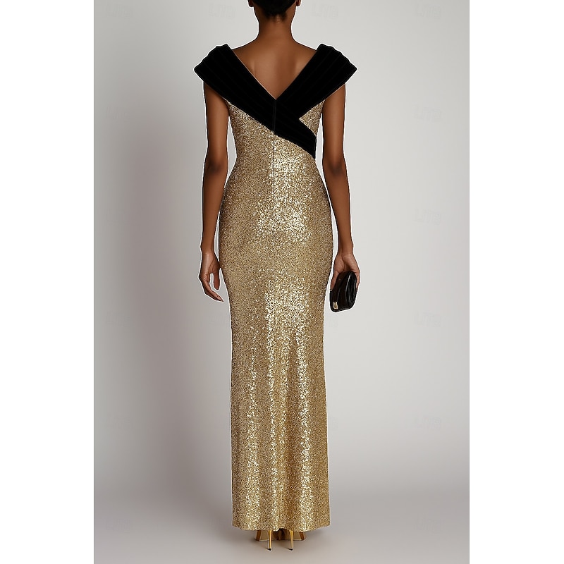 Gold Sequined Column Evening Gown Elegant Dress Formal Wedding Floor Length Short Sleeve Off Shoulder with Glitter Sequin 20253
