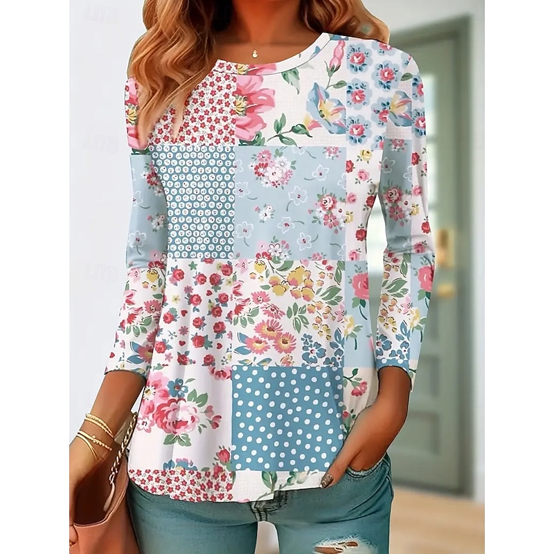 Women's T Shirt Floral Graphic Vintage Fashion Stylish Long Sleeve Crew Neck Round Neck Regular Tops Daily Weekend Print Blue Summer Spring Fall