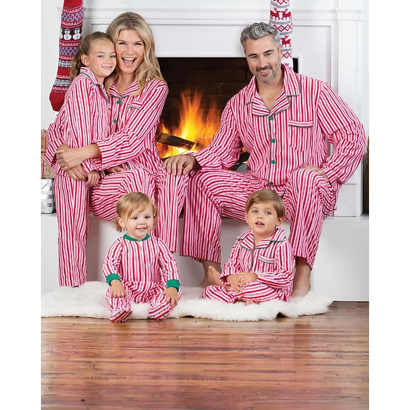 Family Pajamas Striped Street Print Red Long Sleeve Sweet Matching Outfits3
