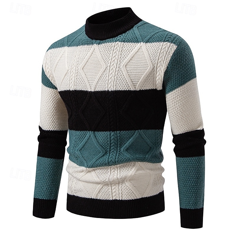 Men's Sweater Pullover Sweater Jumper Cable Knit Regular Tops Knitted Slim Fit Plain Crew Neck Knitwear Contemporary Casual Daily Wear Clothing Apparel Fall Black White M L XL3