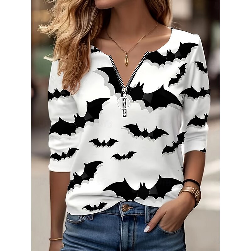 Halloween Women's T shirt Bat Graphic Skull Elegant Vintage Stylish Long Sleeve V Neck Round Neck Notched Neck Regular Tops Daily Weekend Zipper Print Black and White Spring Fall Winter - Main Image