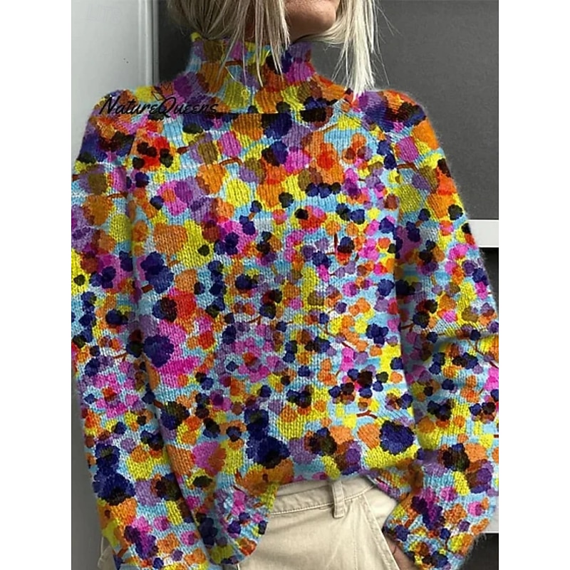 Women's Pullover Vacation Daily Floral Ribbed Turtleneck Knitted Print Long Sleeve Regular Tops Knit Outdoor Daily Holiday Black White Fall Winter4