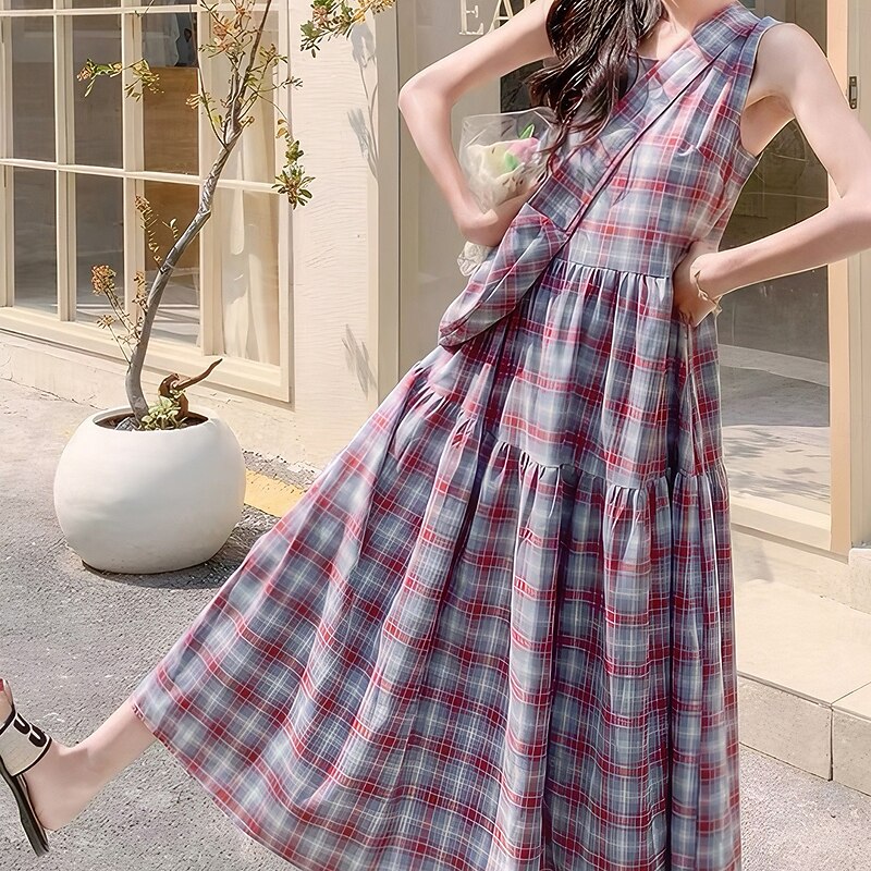 Women's Long Dress Maxi Dress Plaid Dress Classic Daily Regular Fit Plaid Sleeveless Crew Neck Red Summer3