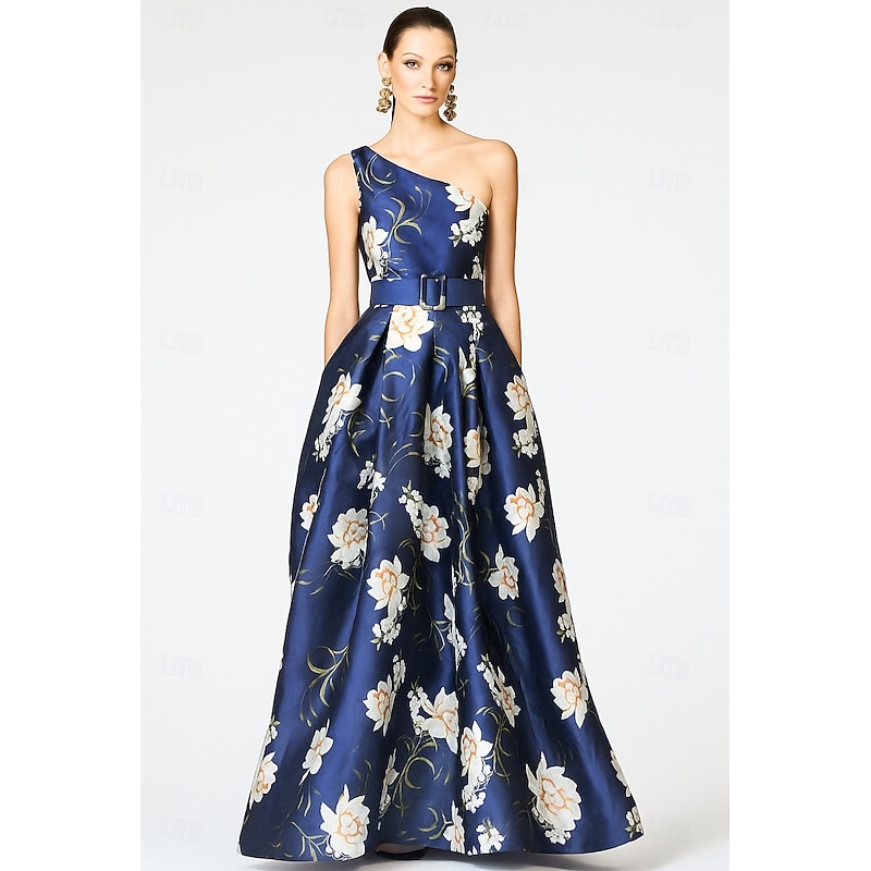 Blue A-Line Evening Gown Elegant Dress Formal Wedding Guest Floor Length Sleeveless One Shoulder Pocket Satin with Floral Print Slit Pocket 2025