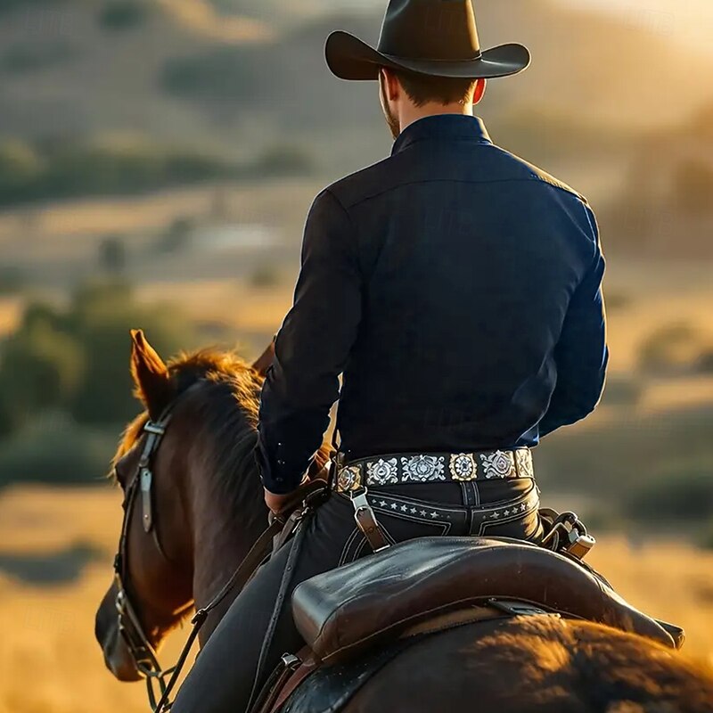 Men's Scroll Floral Print Ethnic Shirt Western Shirt Cowboy Shirt Long Sleeve Vintage Retro Outdoor Vacation Spring Fall Turndown 3D Print Linen Like Shirt Dark Khaki White Dark Blue2