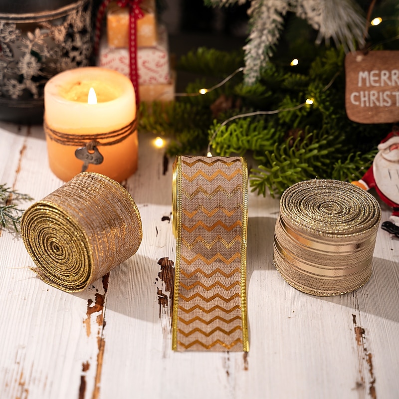 3 Rolls Christmas Wired Ribbons, Burlap Holiday Ribbon for Christmas Tree, Wreaths, Garland, Gift Wrapping, DIY Craft Decorations, Festive Party Table Decor, Rustic Xmas Ribbon Set4