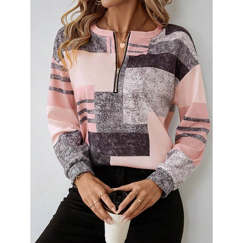 Women's Pullover Sweatshirt Zip Up Sweatshirts Graphic Geometric Fashion Casual Long Sleeve Crew Neck Round Neck Regular Tops Street Dailywear Zipper Print Light Pink Purple Fall Winter3