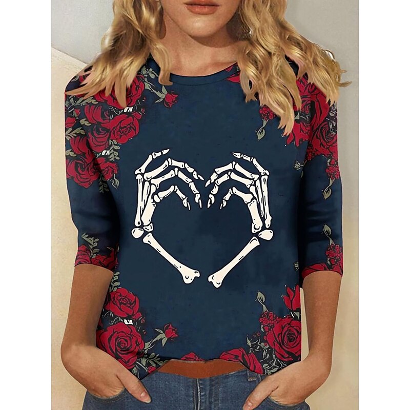 Halloween Women's T shirt Witch Graphic Skull Vintage Fashion Stylish Long Sleeve Crew Neck Round Neck Regular Tops Daily Weekend Print Navy Blue Gray Summer Spring Fall4