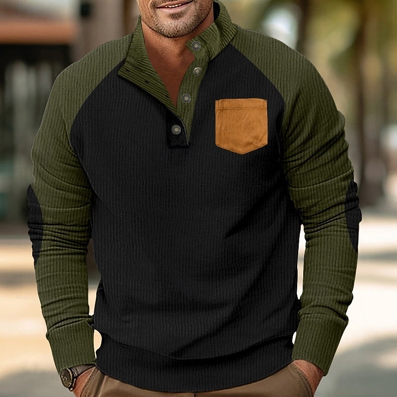 Men's Sweatshirt Corduroy Pullover Hoodie Sweatshirt Pullover Button Up Hoodie Apricot Light Khaki Black Army Green Burgundy Standing Collar Plain Patchwork Sports & Outdoor Casual Daily Streetwear3