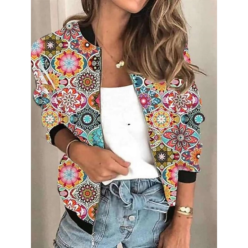 Women's Bomber Jacket Casual Jacket Comfortable Breathable Zipper Print Casual Floral Vacation Street Casual Daily Wear Zipper Short Stand Collar Regular Fit Long Sleeve Outerwear Black Green Rainbow3