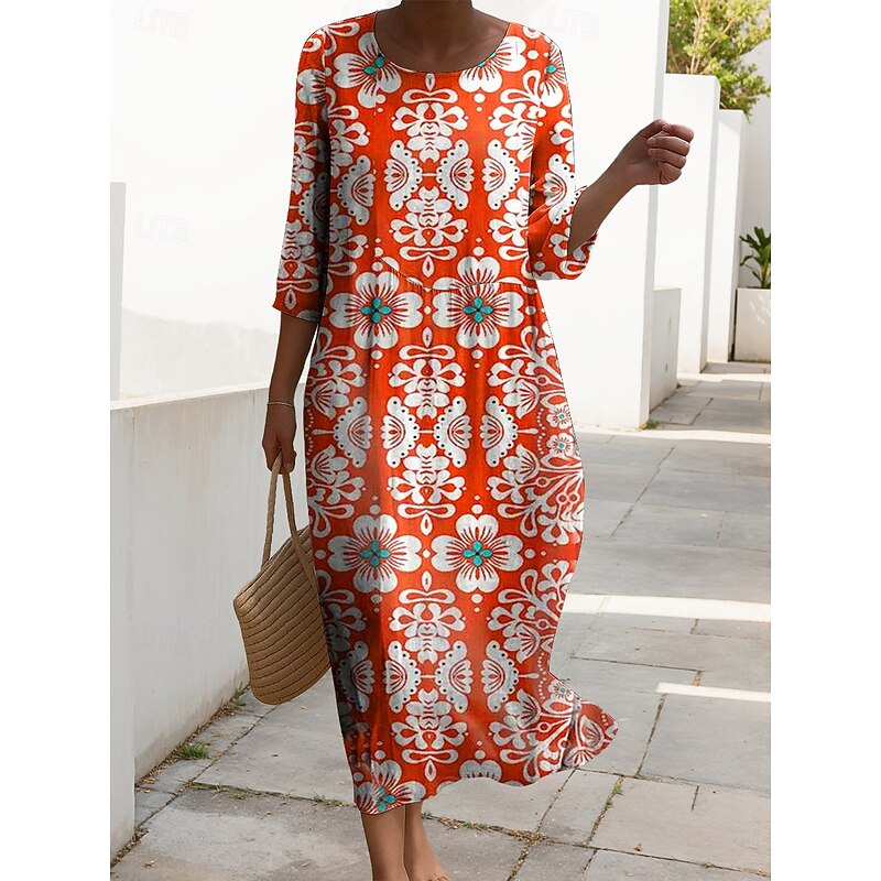Women's Maxi Dress Kaftan 3/4 Length Sleeve Crew Neck Casual Shift Dress A Line Dress Dress Boho Daily Holiday Date Floral Graphic Pink Red Blue Fuchsia Spring4