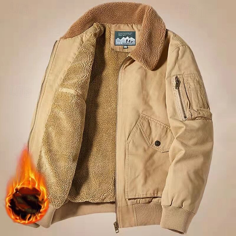 Men's Winter Jacket Bomber Jacket Fleece Jacket Vacation Daily Thermal Warm Pocket Fleece Winter Plain Fashion Streetwear Lapel Regular Black Khaki Army Green Jacket