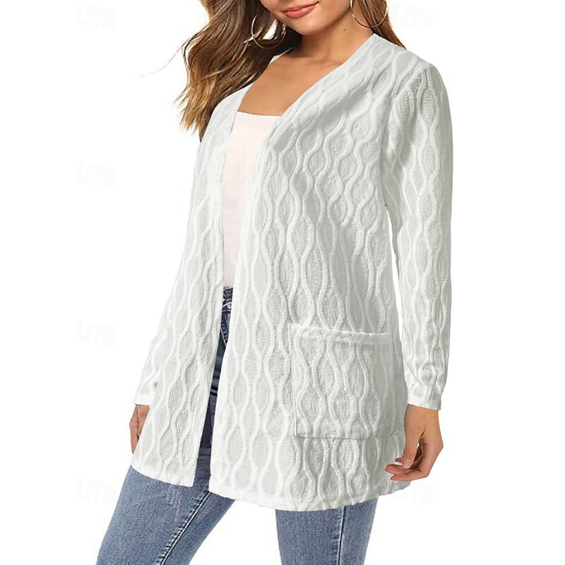 Women's Casual Jacket Comfortable Pocket Casual Plain Outdoor Street Holiday Casual Daily Cardigan Regular V Neck Regular Fit Long Sleeve Outerwear Black White Fall2