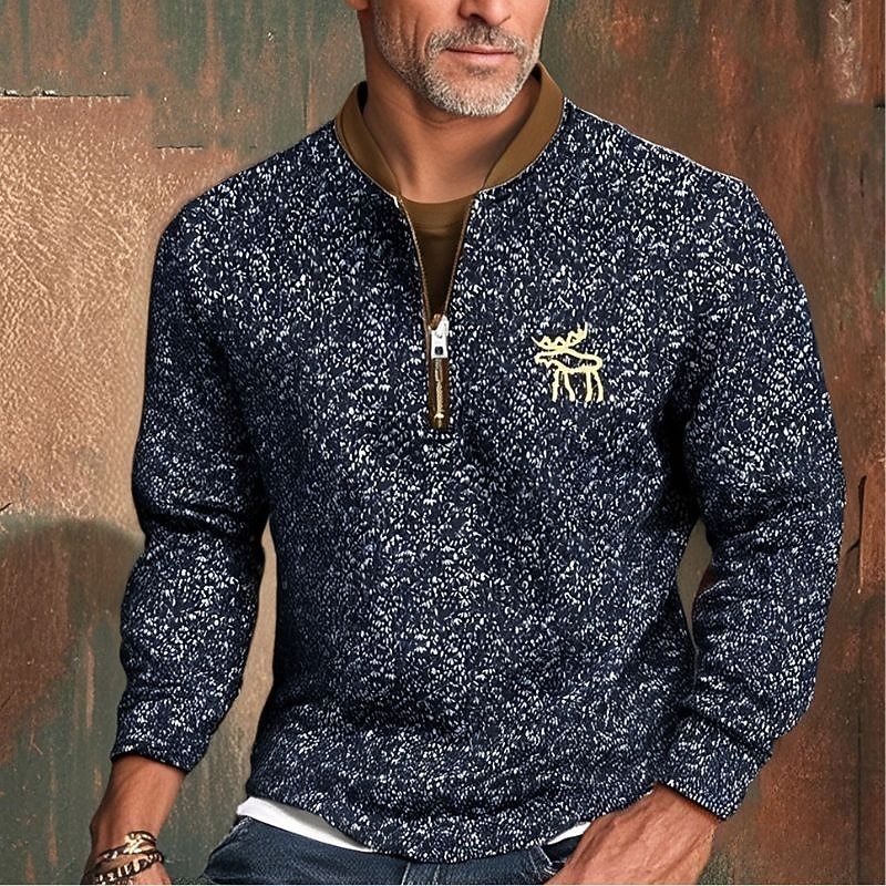 Men's Sweatshirt Quarter Zip Sweatshirt Navy Blue Half Zip Elk Sports & Outdoor Daily Holiday Polyester Streetwear Basic Casual Spring Fall Clothing Apparel Hoodies Sweatshirts