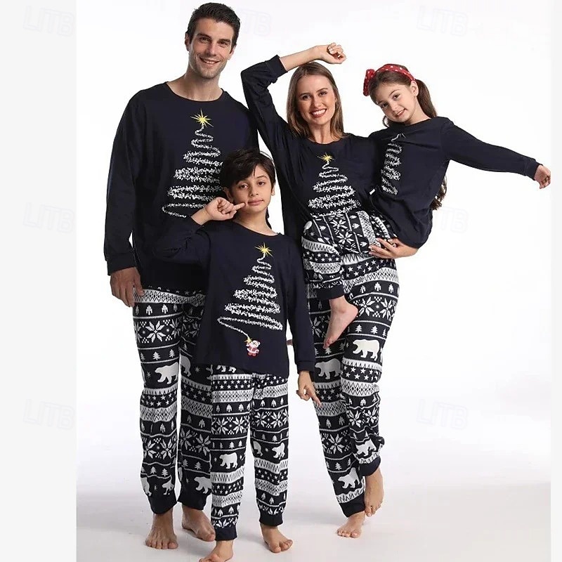 Family Pajamas Christmas Pattern Home Print Red Navy Blue Long Sleeve Active Matching Outfits3