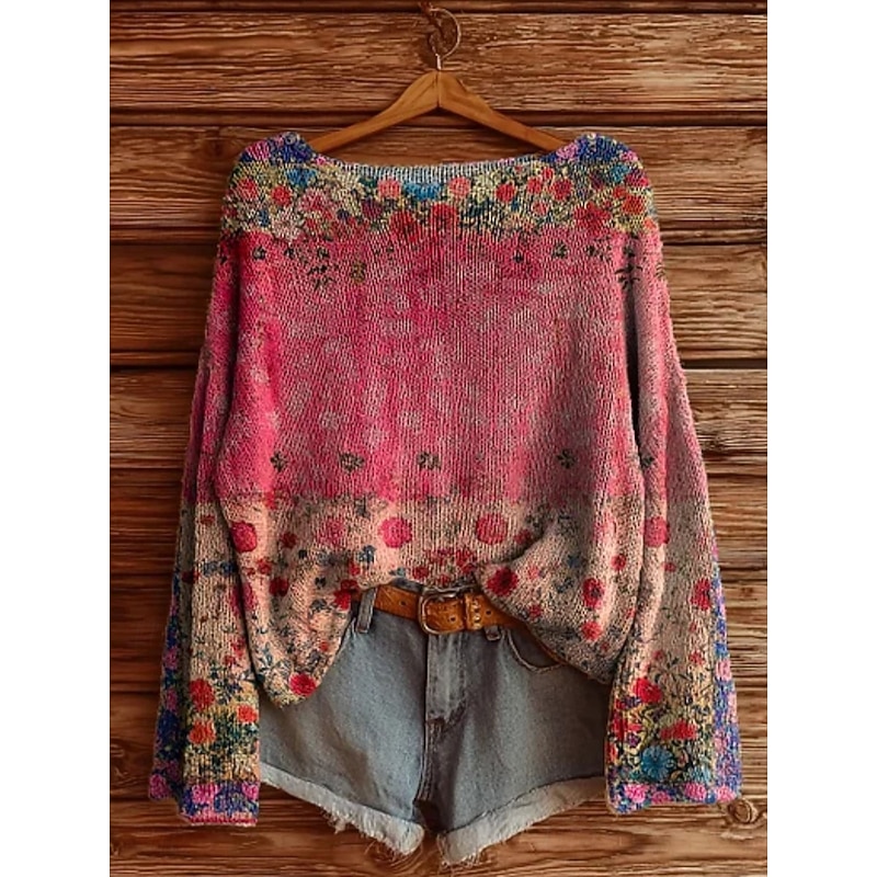 Women's Sweater Casual Floral Stylish Modern Long Sleeve Crew Neck Soft Regular Tops Daily Holiday Print Pink Red Purple Khaki Spring Fall Winter