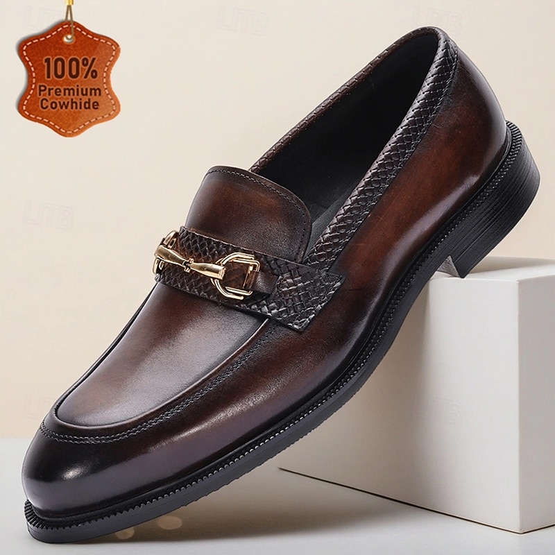 Men's Brown Leather Loafers with Metal Buckle – Elegant Slip-On Dress Shoes for Business, Weddings and Formal Events