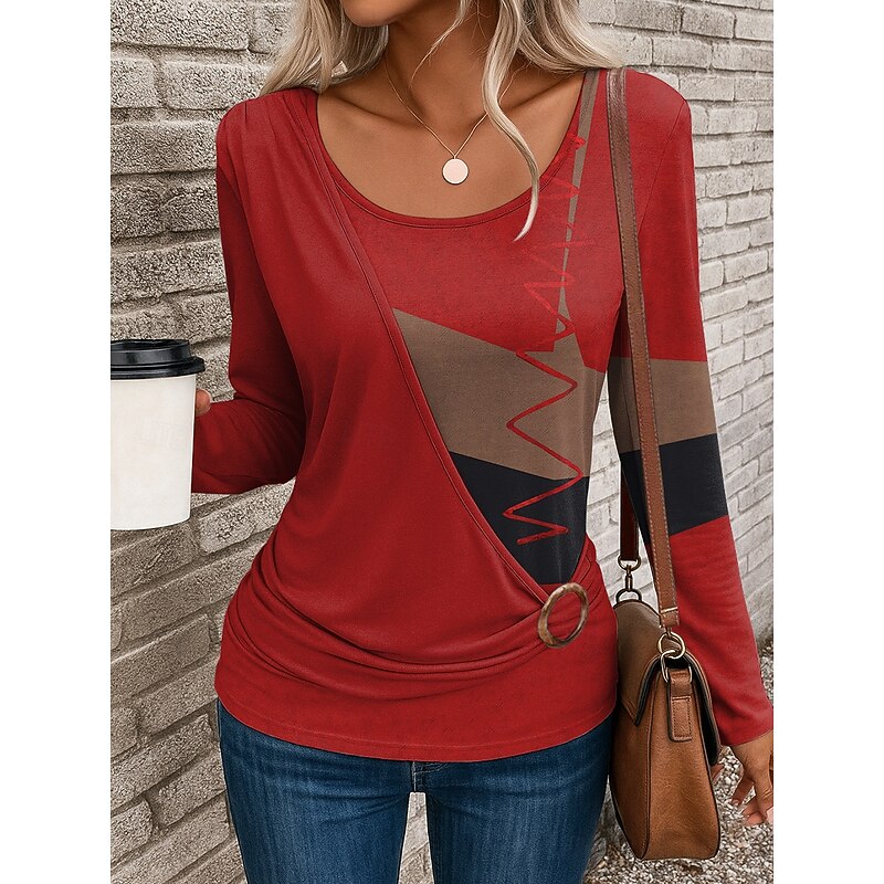 Women's T Shirt Graphic Geometric Vintage Stylish Casual Long Sleeve Crew Neck Regular Tops Daily Patchwork Print Yellow Red Blue Dusty Blue Purple Fall Winter