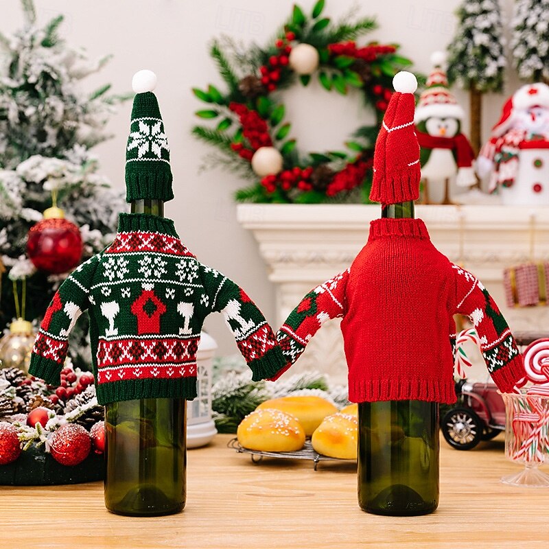 2Pcs Christmas Knitted Sweater Wine Bottle Covers, Festive Table Decor Red Wine Bottle Sleeves, Cozy Knit Mini Sweater Wine Bottle Decorations2