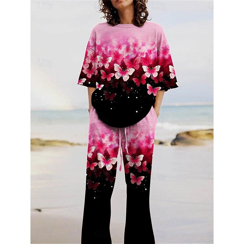 Women's Active Fashion Pants Sets 3/4 Length Sleeve Crew Neck Butterfly Print Vacation Daily Holiday Yellow Pink Red Summer Regular Fit3