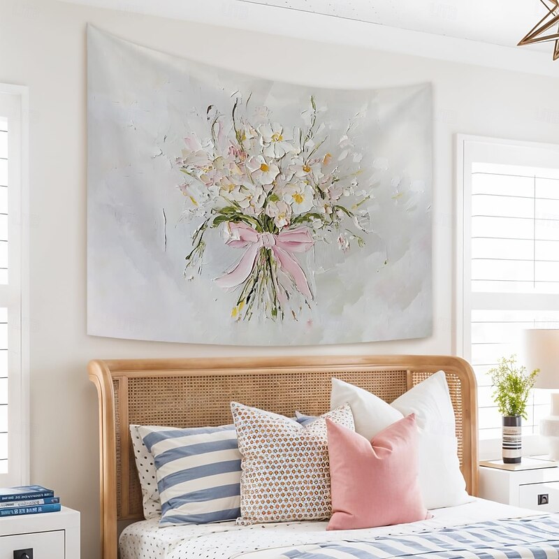 Wildflower Pink Bow Aesthetic Tapestry, Floral Wall Hanging, Neutral Beige Botanical Wall Decor for Girls and Women, Living Room or Bedroom, 50x60 Inch4