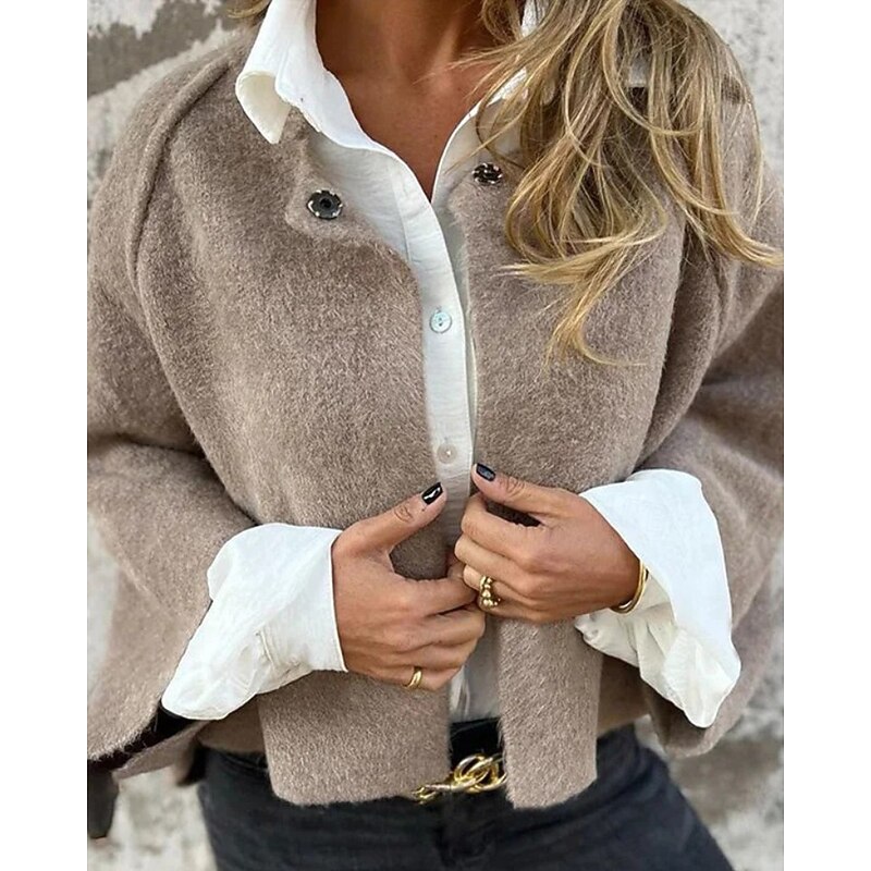 Women's Winter Coat Fleece Jacket Warm Comfortable Buttons Fashion Plain Outdoor Street Open Front Regular Crewneck Regular Fit Long Sleeve Outerwear Black Wine Red Fall Winter