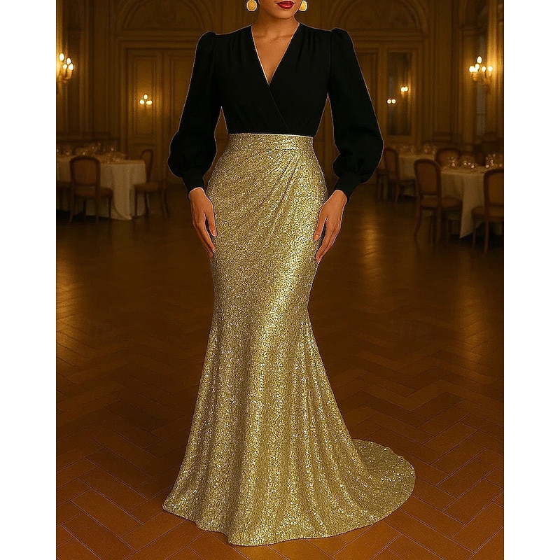 Black and Gold Sequin Mermaid / Trumpet Evening Gown Elegant Dress Formal Wedding Sweep / Brush Train Long Sleeve V Neck Satin with Ruched 2025