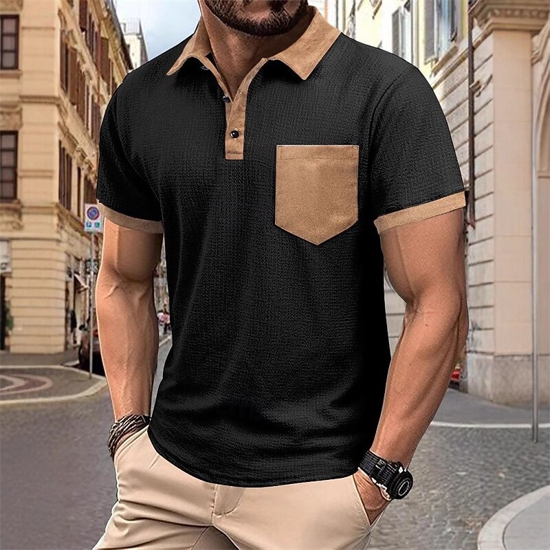 Men's Golf Shirt Golf Polos Shirts Work Casual Lapel Short Sleeve Basic Modern Color Block Patchwork Pocket Summer Spring Regular Fit Camel Black Light Blue Golf Shirt2
