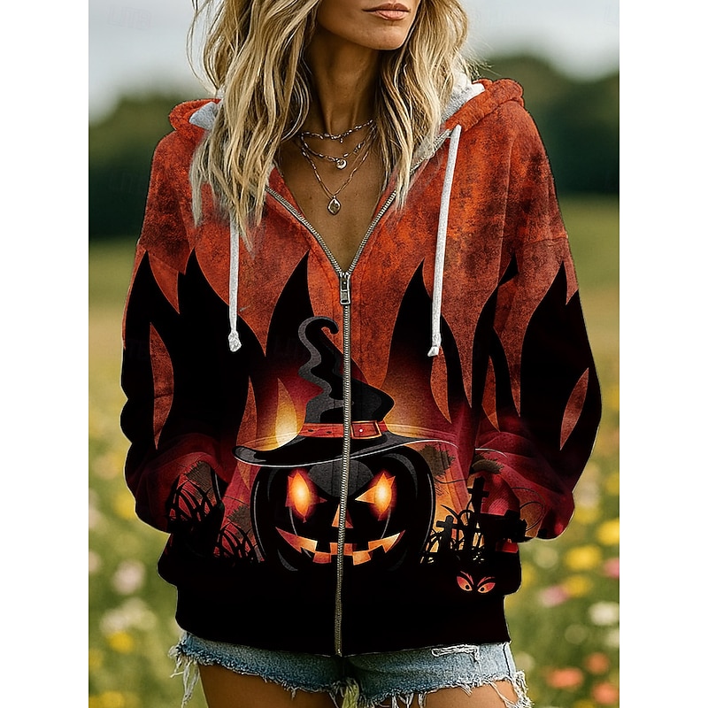 Halloween Women's Zip Up Hoodies Skulls Graphic Pumpkin Fashion Casual Long Sleeve Hooded Regular Tops Street Dailywear Zipper Pocket Print Black Red Orange Brown Gray Spring Fall Winter2