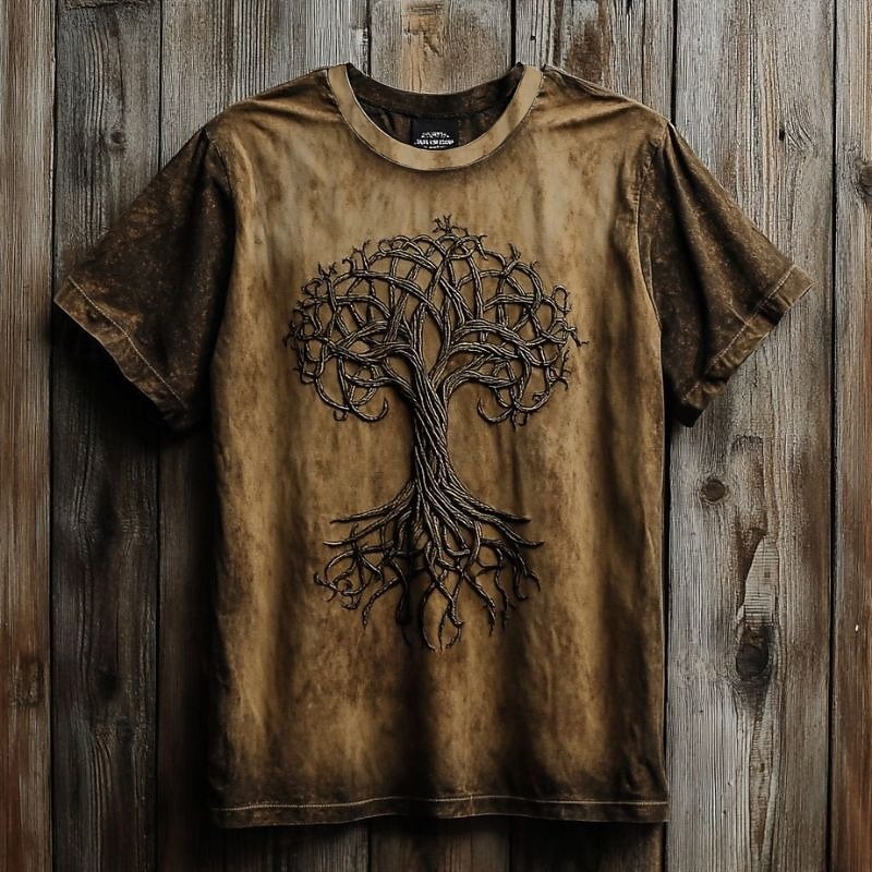 Men's Tee Short Sleeve Shirt Tee Top Short Sleeve Crew Neck Summer Fall Graphic Tree Of Life Yggdrasil Fashion Designer Retro Vintage Print Vacation Street Going out Dark Brown Black Brown Top Tee