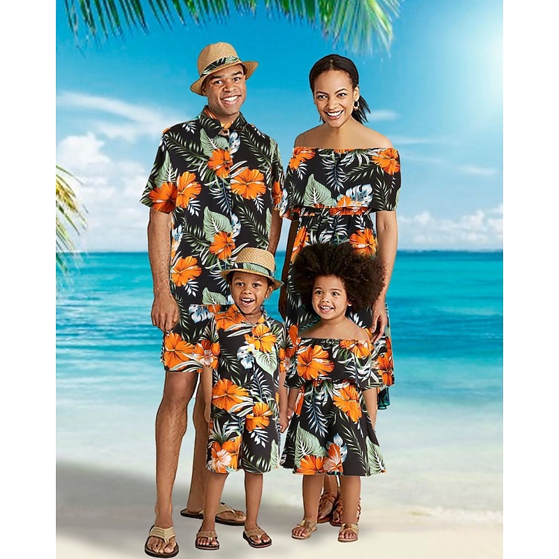 Family Dresses Tops Bottom Floral Street Print Blue Orange Short Sleeve Active Matching Outfits