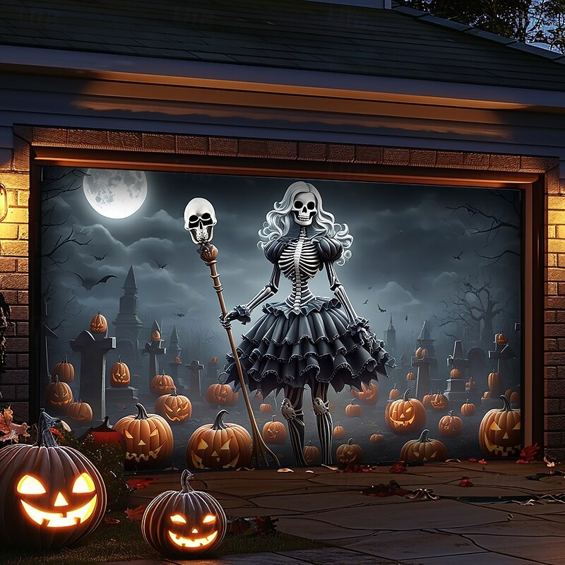 Halloween Garage Door Cover Large Hanging Backdrop Skeleton Pumpkin Dark Punk Gothic Style Party Outdoor Shooting Backgrounds Front Door Home Decor4