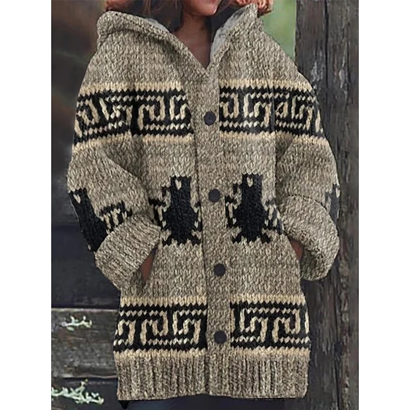 Women's Cardigan Vintage Ethnic Style Geometric Color Block Ribbed Hooded Knitted Print Front Pocket Long Sleeve Regular Tops Knit Outdoor Daily Holiday Red Brown Fall Winter