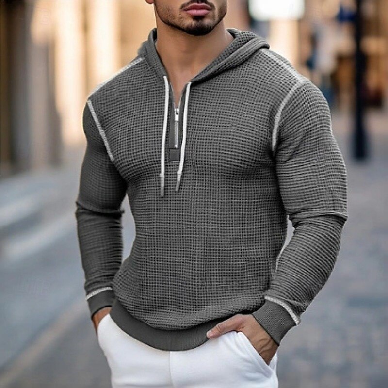 Men's Hoodie Waffle Hoodies Pullover Hoodie Sweatshirt Quarter Zip Hoodie Black Army Green Brown Gray Hooded Plain Patchwork Zipper Color Block Sports & Outdoor Casual Daily Streetwear Cool Sportswear