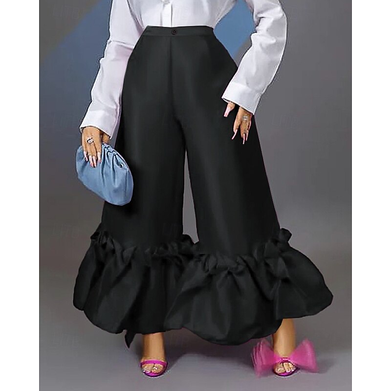 Women's Wide Leg Fashion Streetwear Full Length Natural Plain Ruffle Elastic Waist Comfortable Street Holiday Going out Black Fuchsia Green Fall Regular Fit