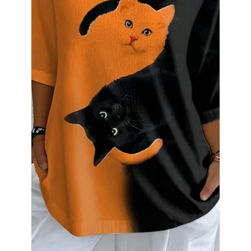 Halloween Women's Blouse Cat Daily Casual 3/4 Length Sleeve V Neck Regular Tops Daily Holiday Print Orange Summer Spring Fall3