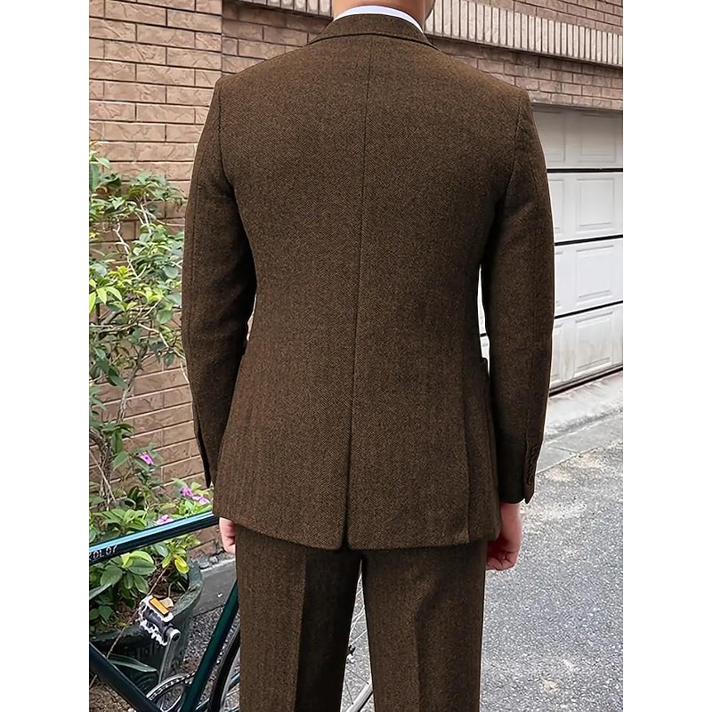 Men's Business Casual Tweed Suits Notch Lapel Coffee Solid Colored Tailored Fit 3 Piece Single Breasted Three-buttons3