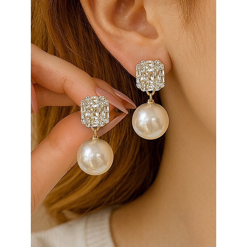 Women's Crystal Rhinestone Pearl Earrings - Gold Statement Stud Earrings with Cluster Charm on Top, Elegant Alloy Jewelry for Work, Dates and Formal Occasions4