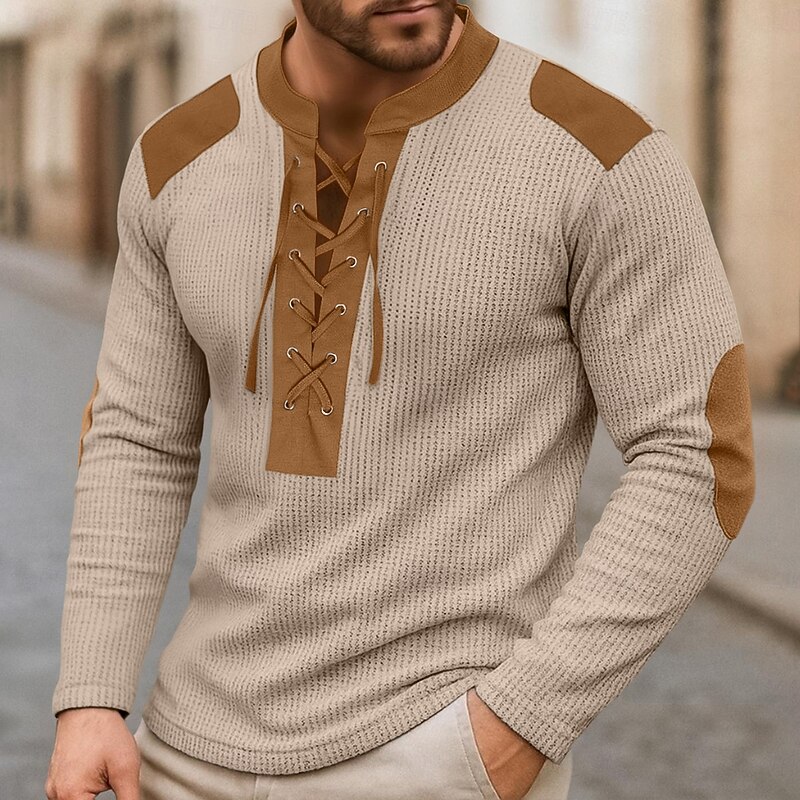 Men's T Shirt Henley Shirt Waffle Knit Tee Tee Top Long Sleeve Stand Collar Lace Up Neck Spring &  Fall Color Block Fashion Designer Basic Patchwork Vacation Street Going out Black Navy Blue khaki3