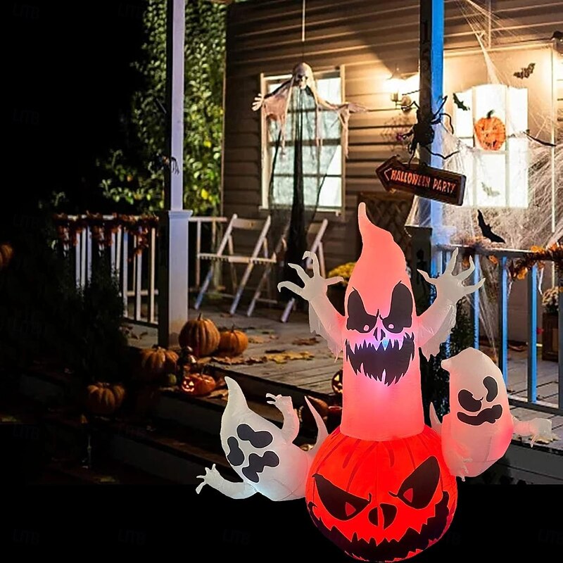 1 Pc Halloween 1.8M/5.91Inch3 Head Ghost Pumpkin with Lamp Inflatable Air Model Indoor and Outdoor Courtyard Garden Lawn Party Festival Atmosphere Decorative Lamp US/EU/UK/AU Plug3