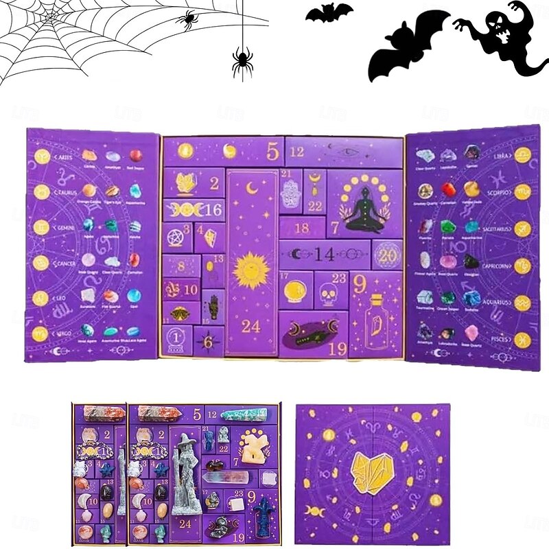 Reiki Crystal Halloween Countdown Gift Box 2025 Contains 24 Gifts, Crystals & Healing Stones Advent Calendar Set Gemstone Decor for Adults Women Gifts