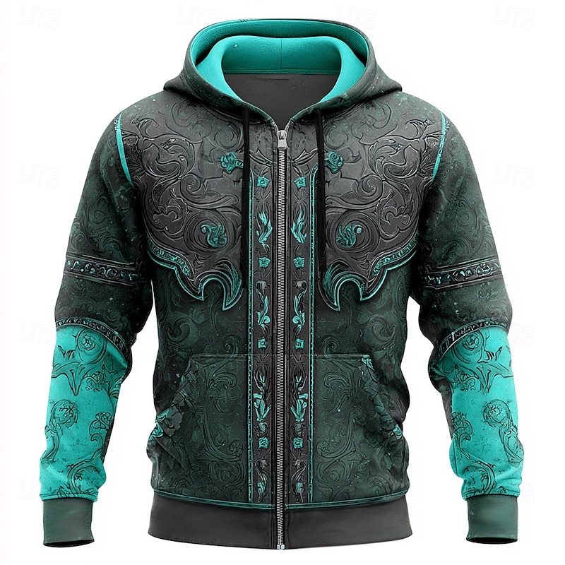 Men's Cowboy Costume Hoodie Jacket Sweatshirt Western Cowboy All Over Print Zip Vacation Streetwear Lake blue Brown Zipper Fall Winter Designer3