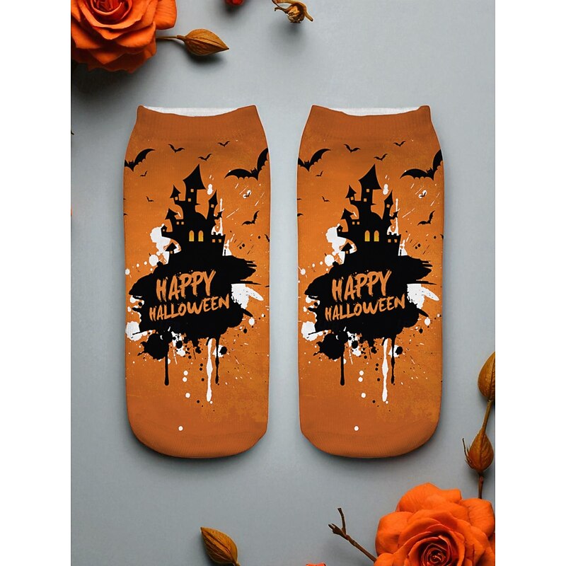 Women's Halloween Print Ankle Socks with Pumpkin, Cat and Haunted House Design - Fun Nightlife Party Hosiery for Costume and Holiday Outfits3