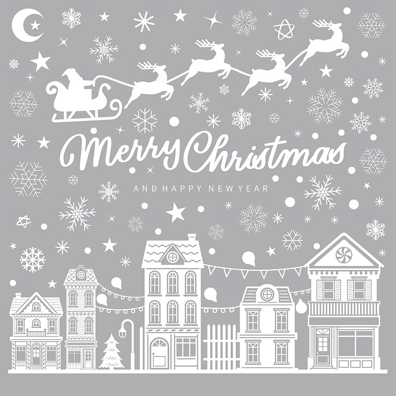 4 Sheets Christmas Window Cling Wall Sticker Decals Decorations, Reindeer, Snowflakes, Creative Sleigh, Moon & Snow Houses, Static Cling, Holiday Home & Store Decor4