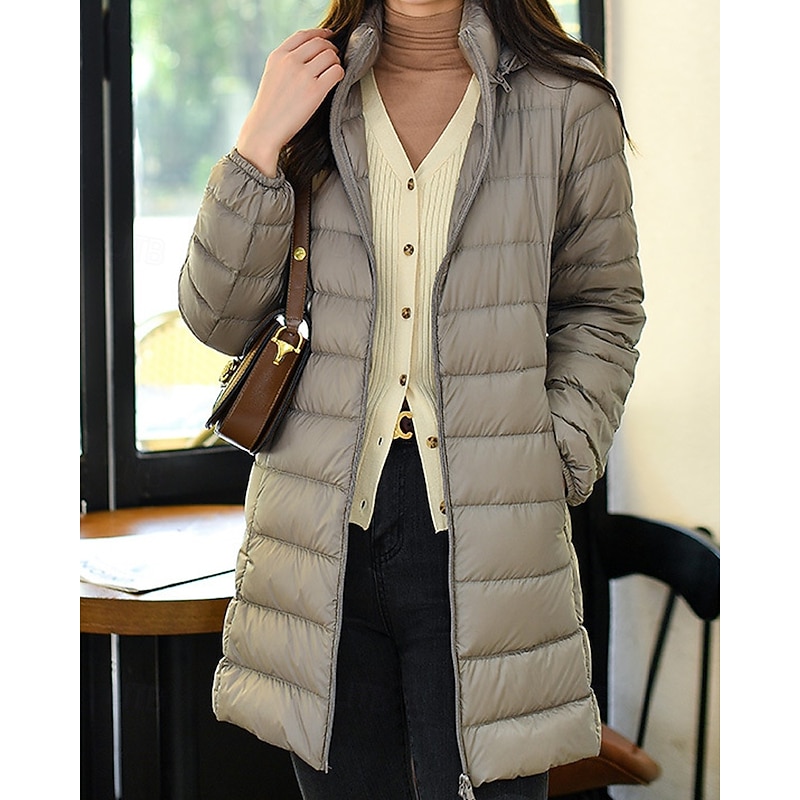 Women's Down Jacket Coat Warm Comfortable Zipper Pocket Fashion Plain Holiday Casual Daily Weekend Zipper Long Hooded Regular Fit Long Sleeve Outerwear Navy Wine Blue Fall Winter